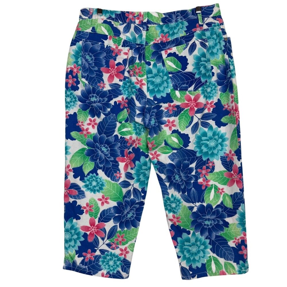 Bill Blass Women's Bold Floral Capri Pants Sz 16 Hi Rise Blue Pink Green Cotton - Picture 8 of 12